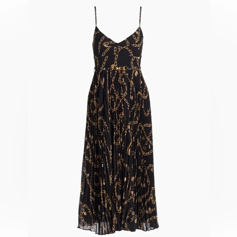 Zimmermann Sunray Pleated Picnic Midi Dress Black Chain-Print Spaghetti Strap 1 - Picture 6 of 16